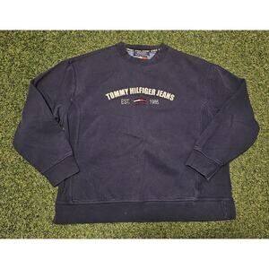 Vtg 90s Tommy Hilfiger Tommy Jeans Embroidered Crewneck Sweatshirt Size L Navy